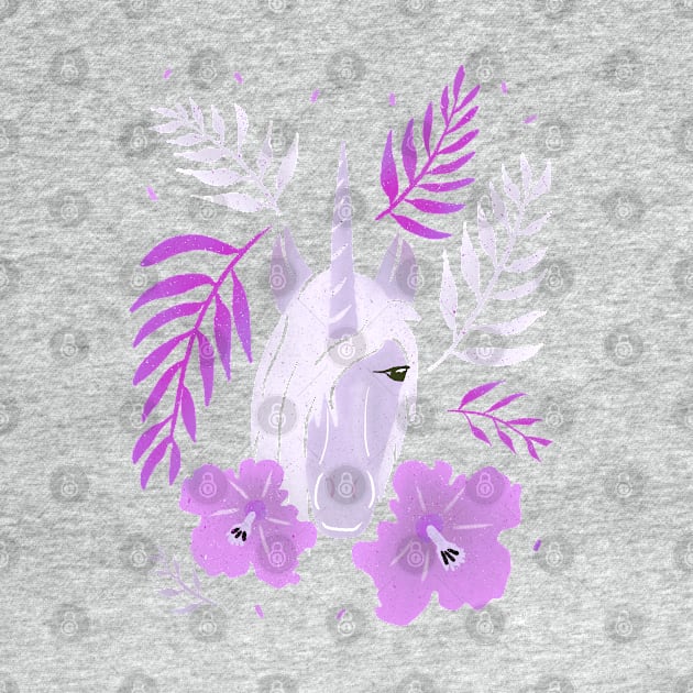 Pink Unicorn Tropical Hibiscus and Leaves by OneL Design